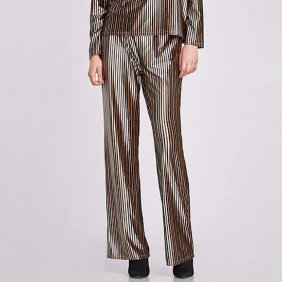 NWOT Zara High Waisted Palooza Velvet Striped Pants Size Medium - Picture 2 of 8